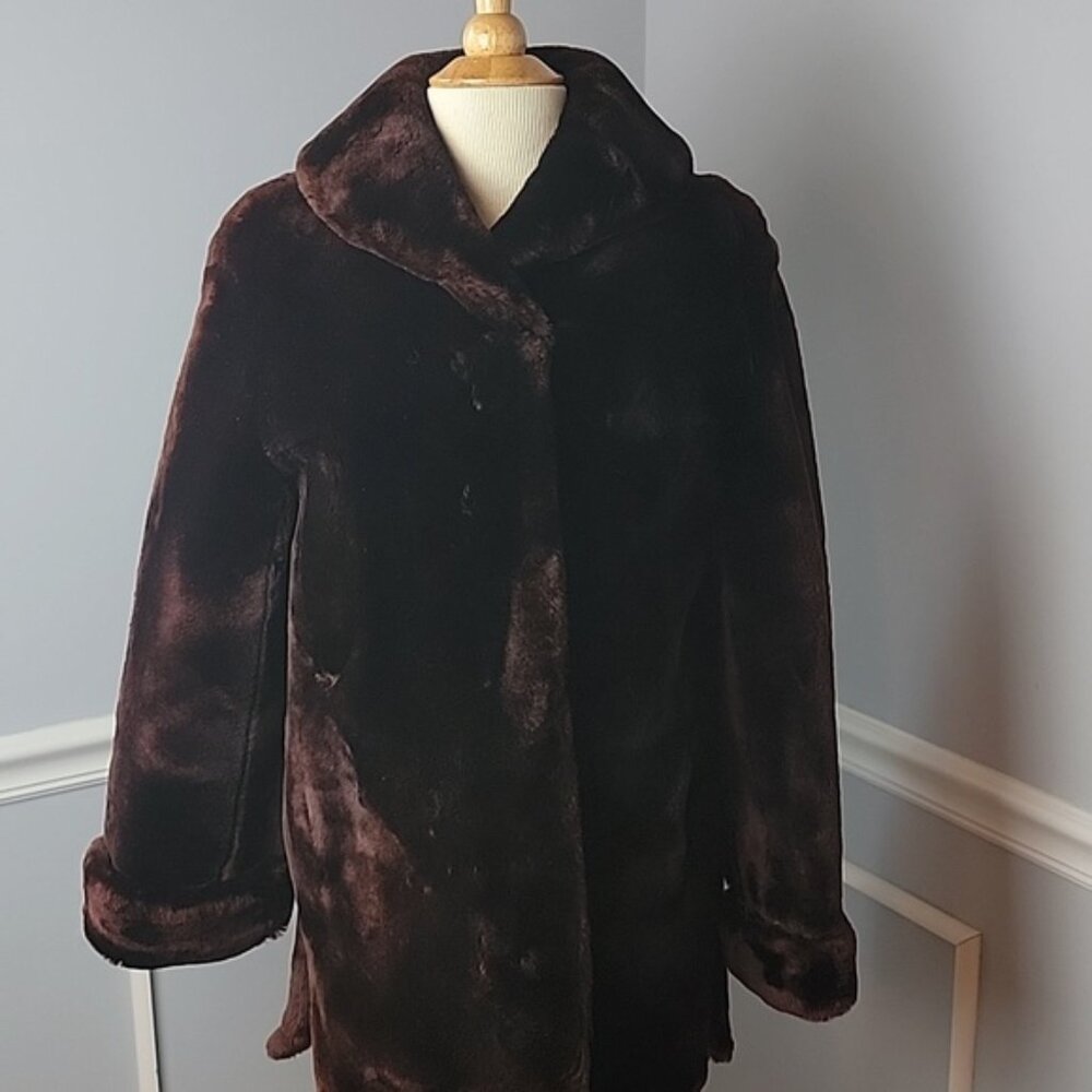 ROBBINS VTG Burgundy Brown Cuffed Sleeve Mob Wife Retro Glam 80s Mouton Fur Coat